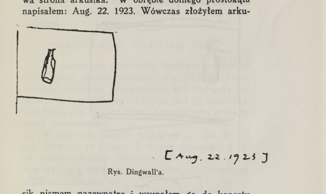 Dingwall’s drawing: bottle within a three-sided frame, with the date Aug. 22. 1923; source PDF page 273