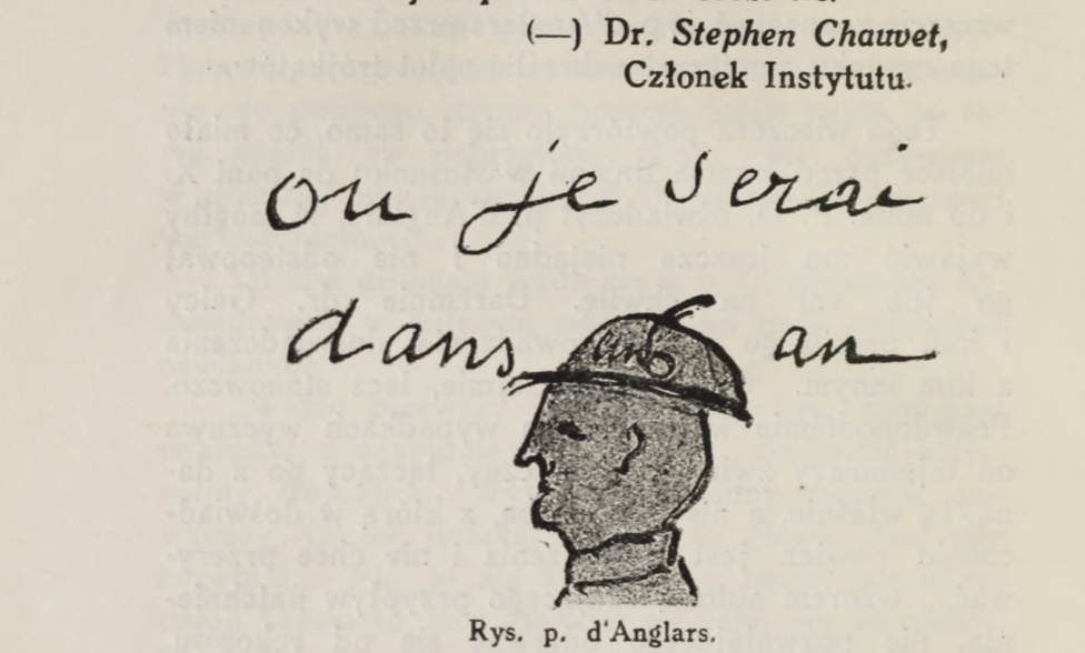 Mr. d’Anglars’s drawing of a head in a hat, with the handwritten French question “Where shall I be a year from now?”; source PDF page 300