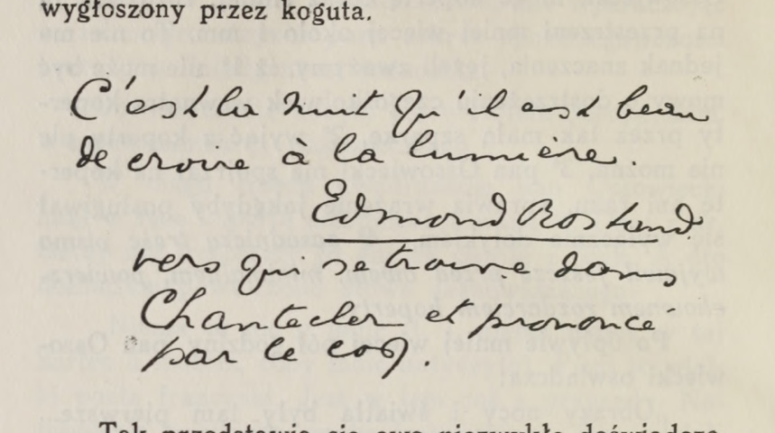 Handwritten French quotation attributed to Edmond Rostand, with the note identifying Chantecler and the cock; source PDF page 328