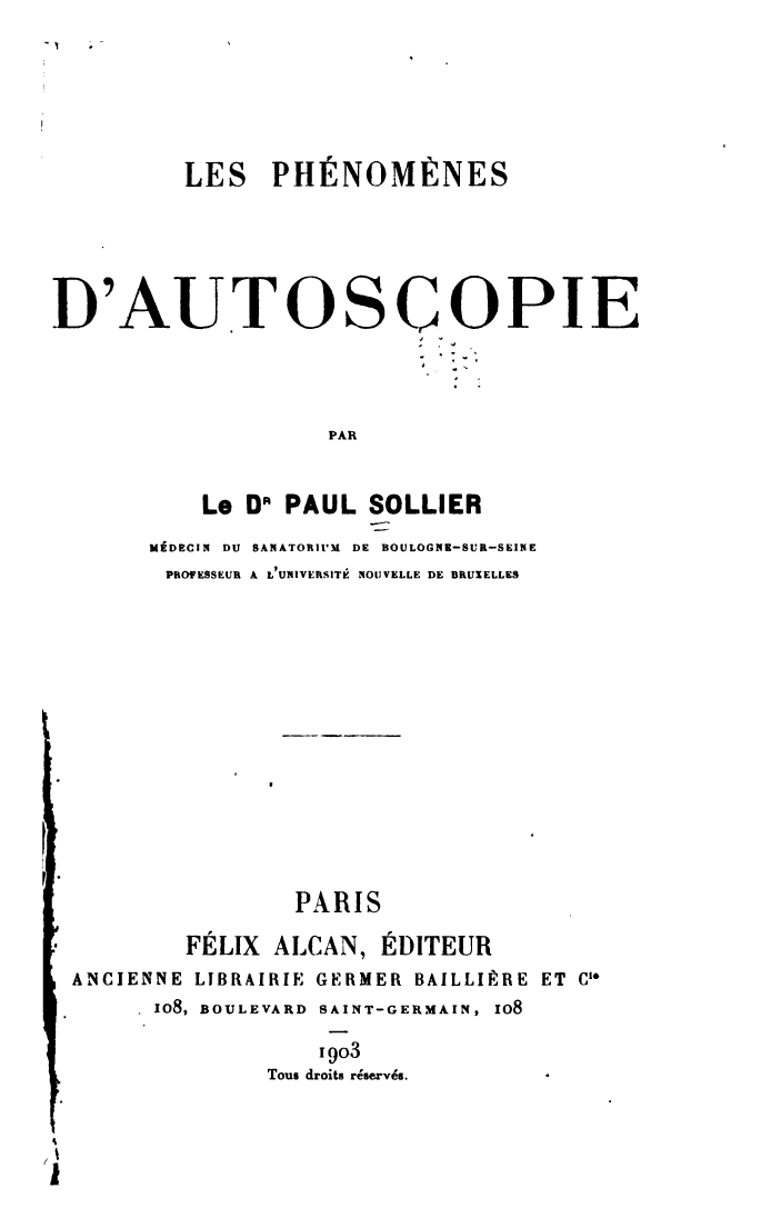 French title page of The Phenomena of Autoscopy