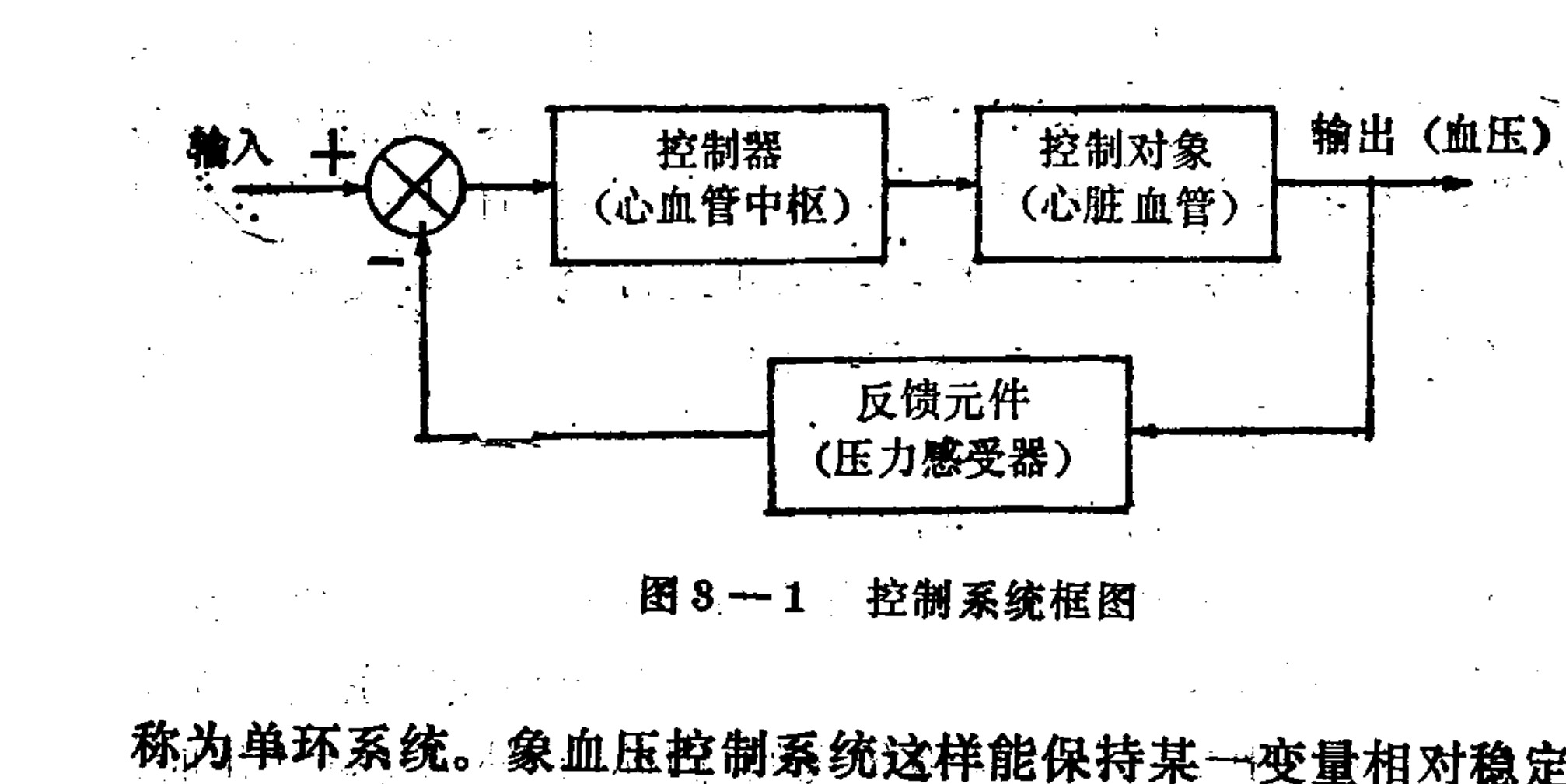 A block diagram illustrating a feedback control loop for blood pressure regulation. The flow starts from an 'Input' entering a summing junction, which feeds into a 'Controller (Cardiovascular Center)' block. This connects to a 'Control Object (Heart and Blood Vessels)' block, producing the 'Output (Blood Pressure)'. A portion of the output is sent to a 'Feedback Element (Pressure Receptor)' block, which returns a signal with a negative sign back to the summing junction.