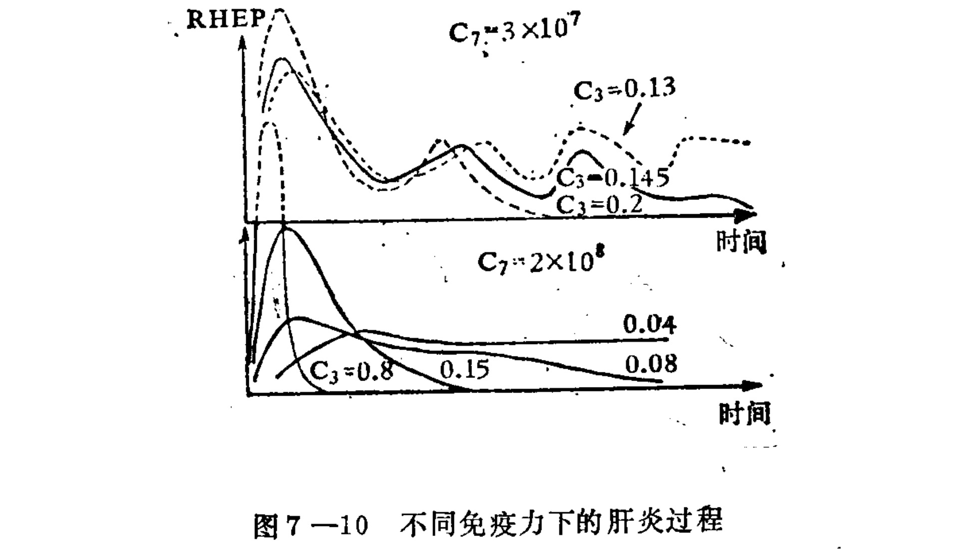 Two stacked line graphs plotting RHEP against Time. The top panel (C7=3x10^7) shows oscillating curves for C3 values of 0.13, 0.145, and 0.2. The bottom panel (C7=2x10^8) displays decaying curves for C3 values of 0.8, 0.15, 0.08, and 0.04.