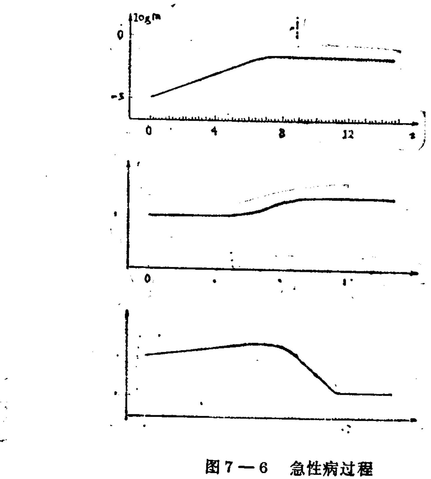 A composite graphic displaying three vertically stacked line graphs against a white background, illustrating trends over time. The top graph features an x-axis with numerical labels (0, 4, 8, 12) and a y-axis marked 'log m' with values -5 and 0; it shows a curve rising linearly then plateauing. The middle graph depicts a curve that remains flat before rising slightly to a new plateau. The bottom graph shows a curve that rises gently, peaks, and then declines sharply to a lower level. All three graphs share similar x-axis time scales.