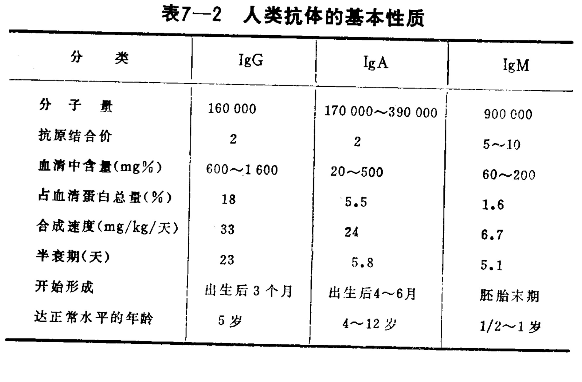 A data table comparing three antibody classes (IgG, IgA, IgM). The rows list properties including molecular weight, antigen-binding valence, serum content, percentage of total serum protein, synthesis rate, half-life, onset of formation, and age of reaching normal levels. Numerical values and ranges are provided for each antibody type in the corresponding columns.