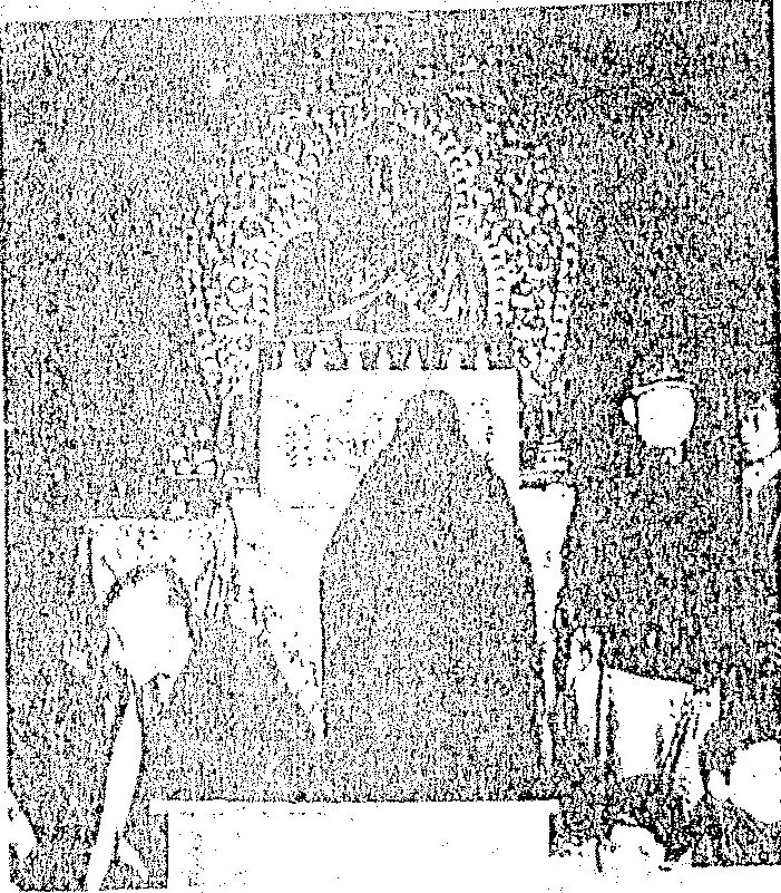 A black-and-white illustration of a central seated figure with a large, ornate circular halo, surrounded by smaller figures and flames.