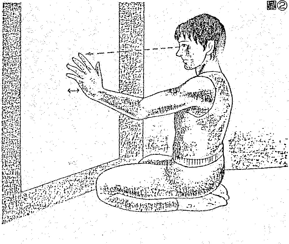 A black-and-white illustration showing a person sitting cross-legged and holding their hands up in front of their eyes, demonstrating a visual observation technique.
