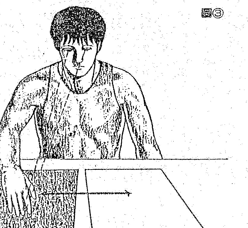 A black-and-white illustration depicting a person sitting at a desk and looking down at their fingers, used to demonstrate a vision training exercise described in the surrounding text.