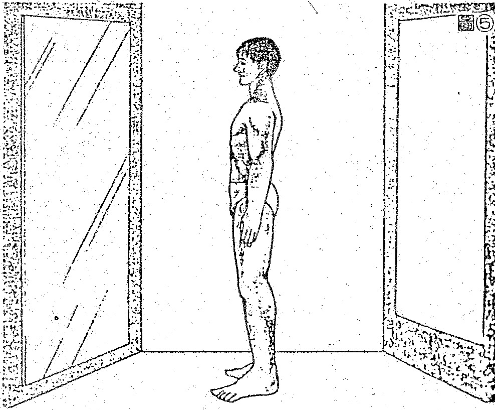 A black-and-white illustration showing a person standing between two vertical structures with diagonal lines representing light rays.