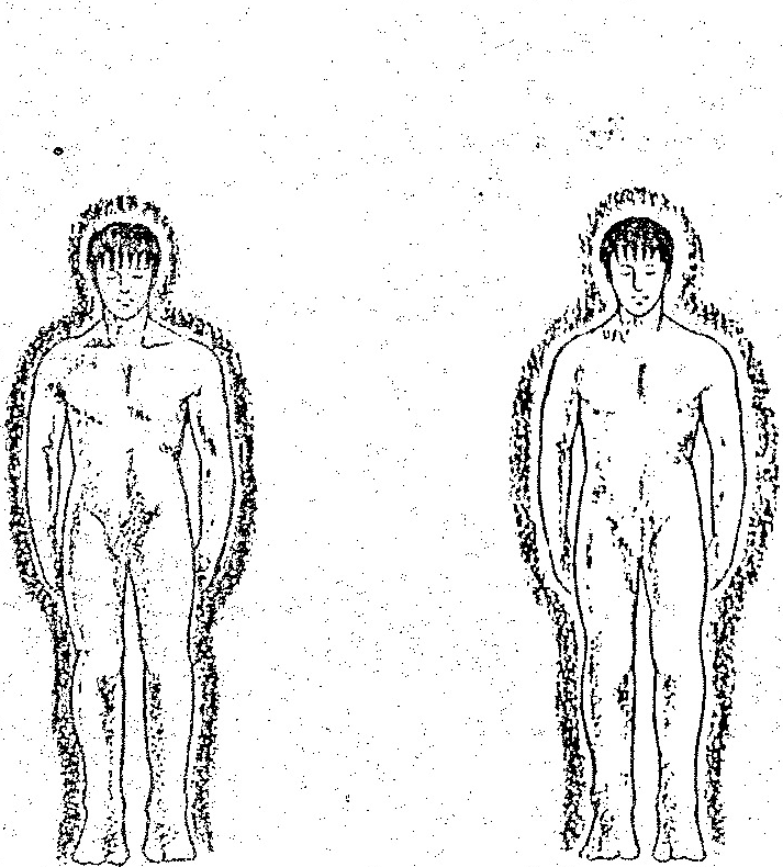 Two standing human figures are shown side by side, surrounded by dark, textured aura-like effects around their bodies. The figure on the right has a more pronounced aura.