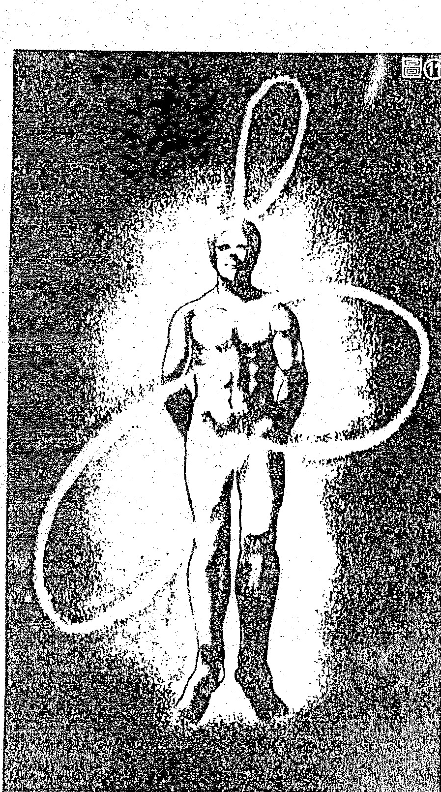 A photographic illustration showing a standing human body with concentric oval-shaped light emanations or aura patterns radiating from the head and surrounding the torso, rendered in a black-and-white grainy texture.