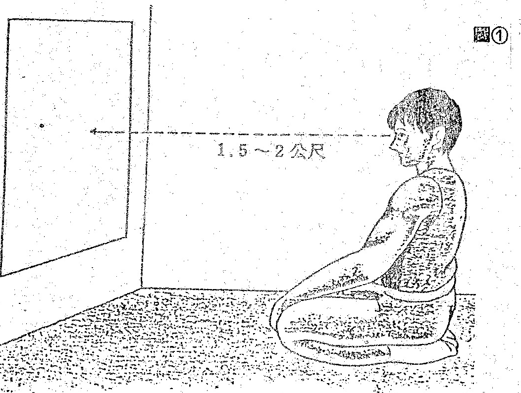A line drawing of a person sitting cross-legged and facing a blank wall, with a double-headed arrow indicating the viewing distance.
