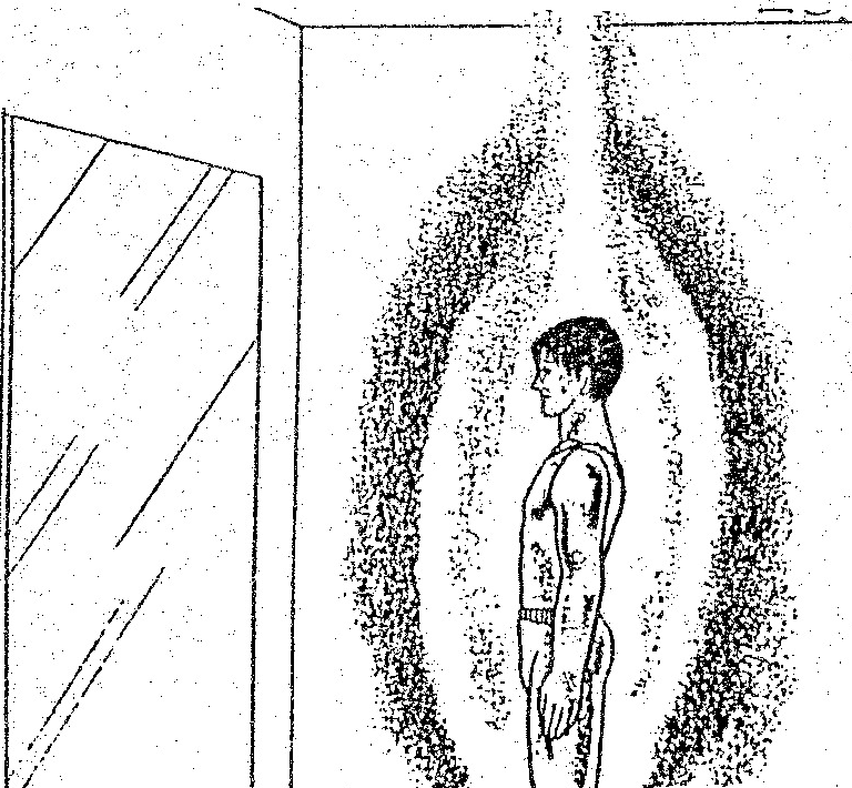A black-and-white illustration depicts a person standing in profile, enclosed within a textured, oval-shaped aura or glow. Behind the person is a rectangular structure resembling a frame or mirror.