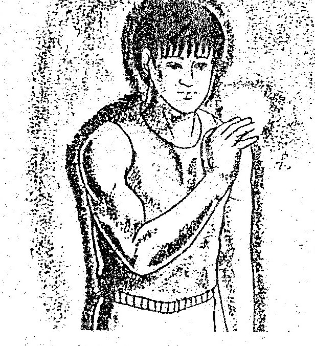 A black and white sketch of a person shown from the back and side, featuring the head and shoulders.
