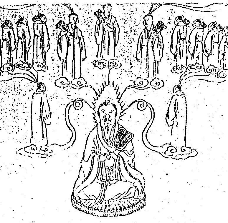 A black and white illustration depicting a central seated Taoist figure in meditation with multiple identical figures or clones emerging from the top of their head onto clouds, illustrating the concept of cloning.