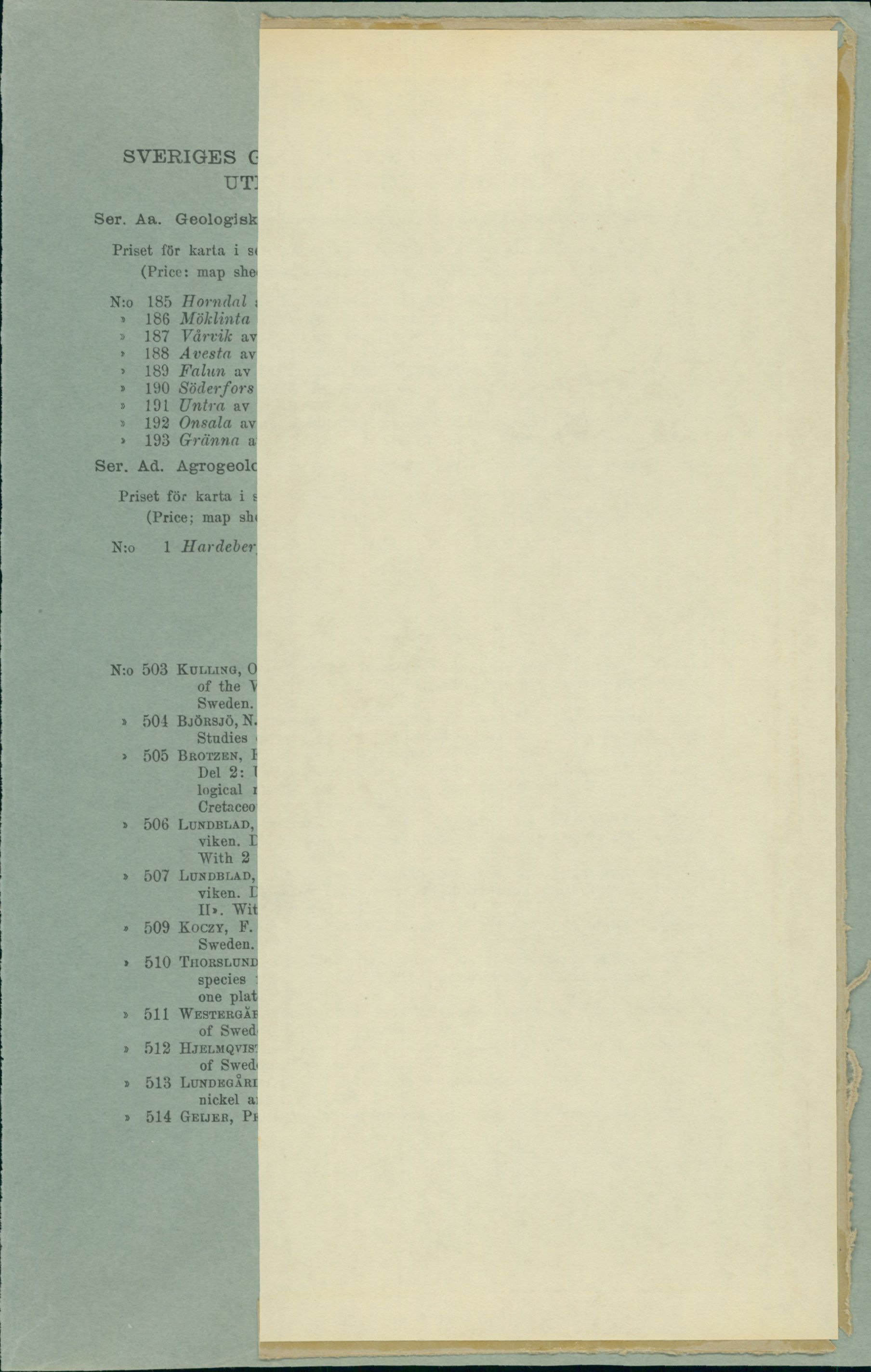 Inside back cover with its attached pocket obscuring part of the printed SGU catalog list