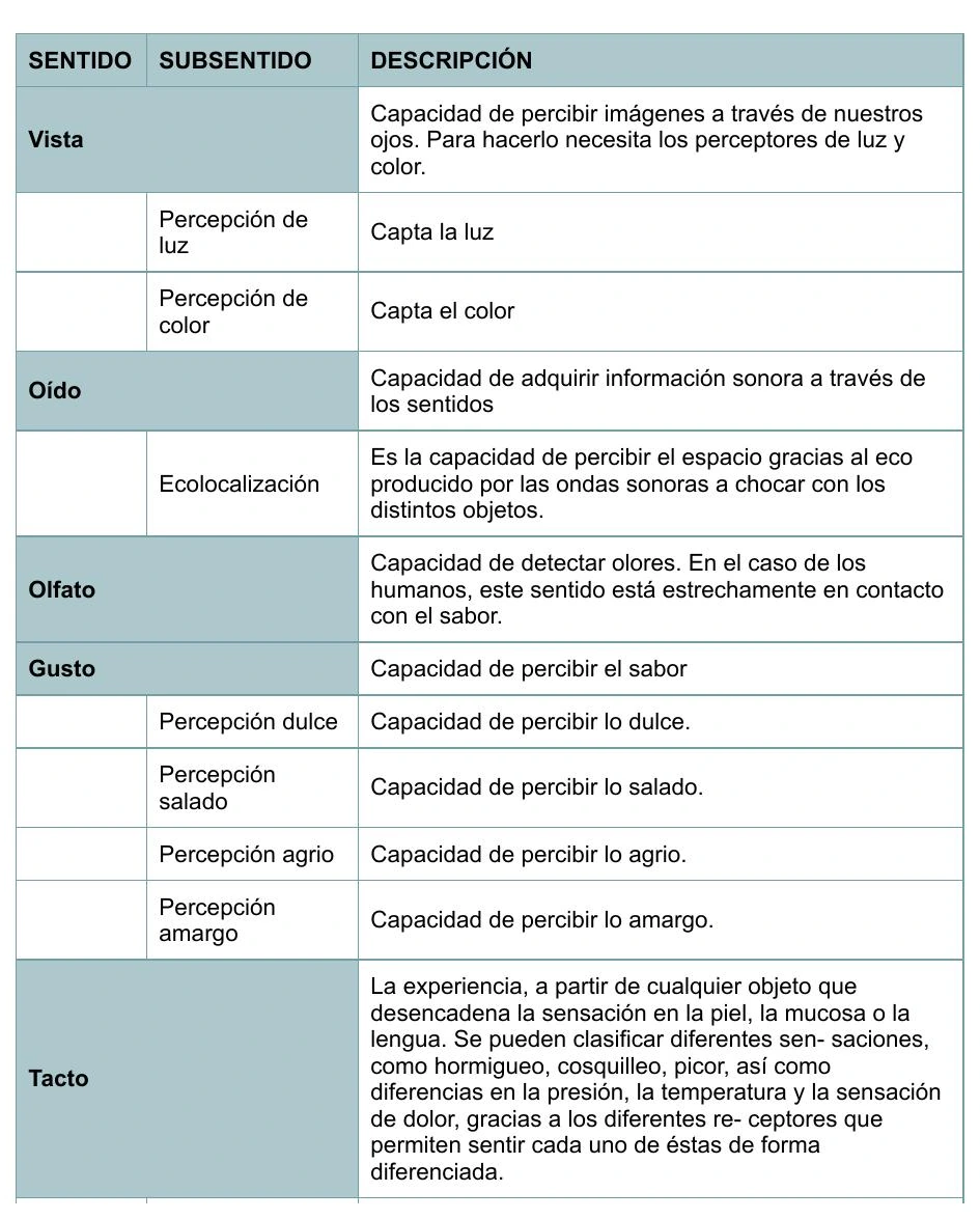 Figure 25, part 1: Human senses table
