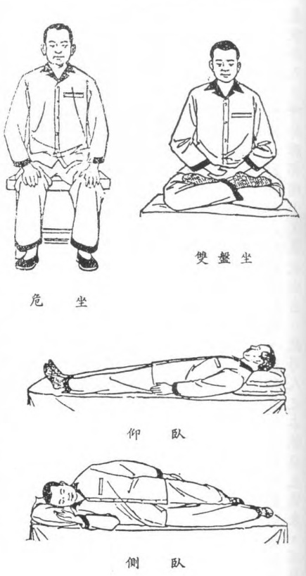 Practice postures: upright sitting, full lotus, lying on the back, and lying on the side